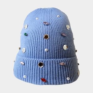 Blue Pearl Crystal Style Winter Beanie Hat Fleece Statement Fashion Accessory